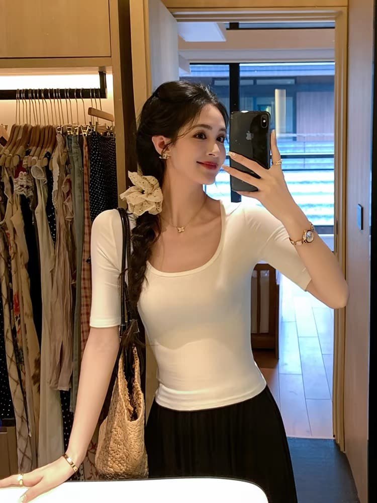 가면 t u 칼라 품격 몸매 가꾸기 슬림해 보이는 중간 소매 티셔츠 여성 여름 5 점 반팔 맨위 상세 이미지 7
