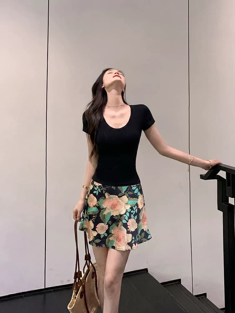 검정색 u 칼라 긍정적 인 어깨 티셔츠 여성 여름 몸매 가꾸기 슬림해 보이는 얇고 가벼운 반팔 맨위 이미지 2
