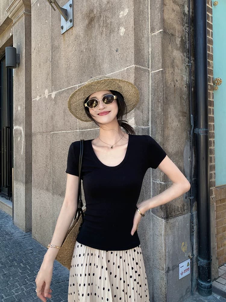 검정색 u 칼라 긍정적 인 어깨 티셔츠 여성 여름 몸매 가꾸기 슬림해 보이는 얇고 가벼운 반팔 맨위 이미지 4