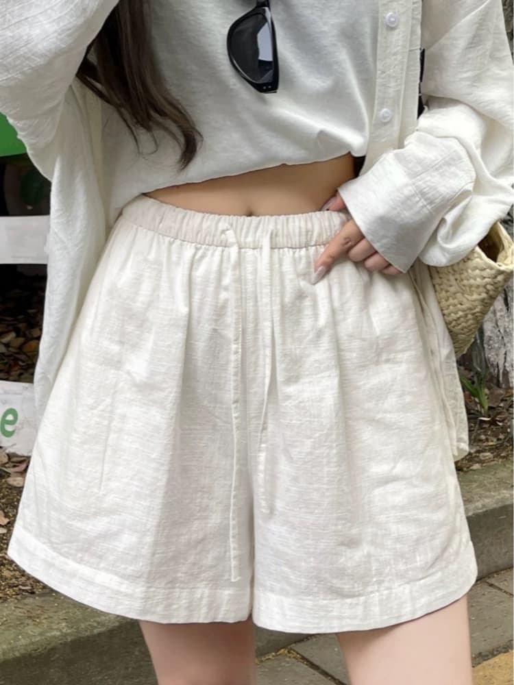 파란색 와이드 레그 팬츠 반바지 여성 여름 얇은 스타일 2026 새로운 외출용 한 마디 아마 면 린넨 캐주얼 운동 바지 이미지 2