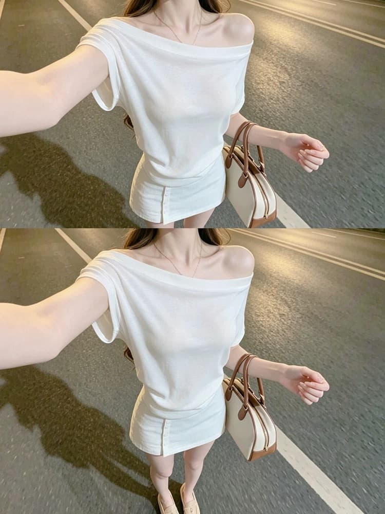 부드러운 바람 화이트 비스듬한 칼라 오프숄더 반팔 티셔츠 여성 여름 고급 센스 품격 오프숄더 맨위 이미지 2