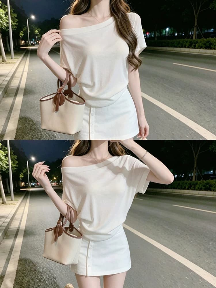부드러운 바람 화이트 비스듬한 칼라 오프숄더 반팔 티셔츠 여성 여름 고급 센스 품격 오프숄더 맨위 상세 이미지 1