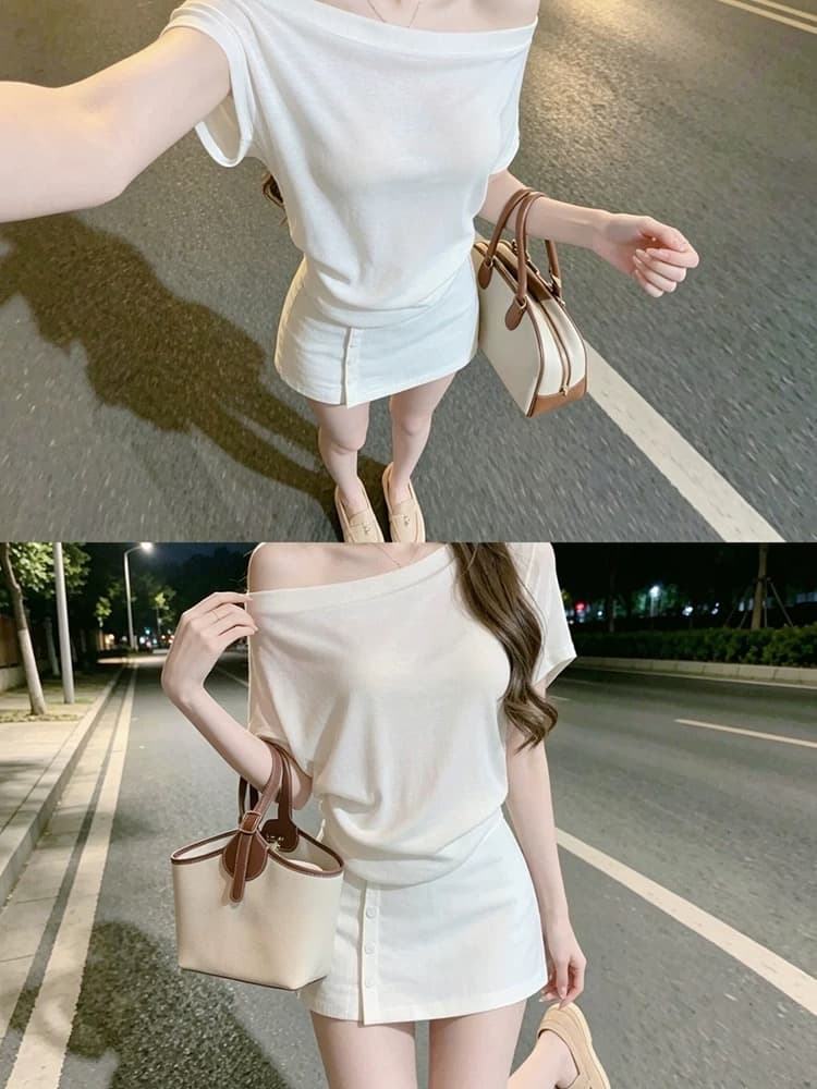 부드러운 바람 화이트 비스듬한 칼라 오프숄더 반팔 티셔츠 여성 여름 고급 센스 품격 오프숄더 맨위 상세 이미지 2