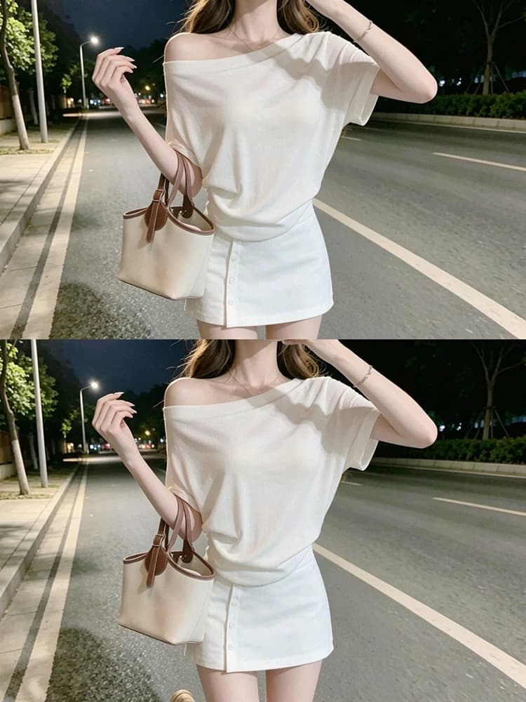부드러운 바람 화이트 비스듬한 칼라 오프숄더 반팔 티셔츠 여성 여름 고급 센스 품격 오프숄더 맨위 상세 이미지 3