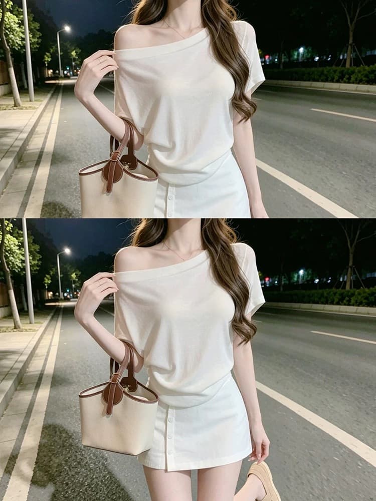 부드러운 바람 화이트 비스듬한 칼라 오프숄더 반팔 티셔츠 여성 여름 고급 센스 품격 오프숄더 맨위 상세 이미지 4