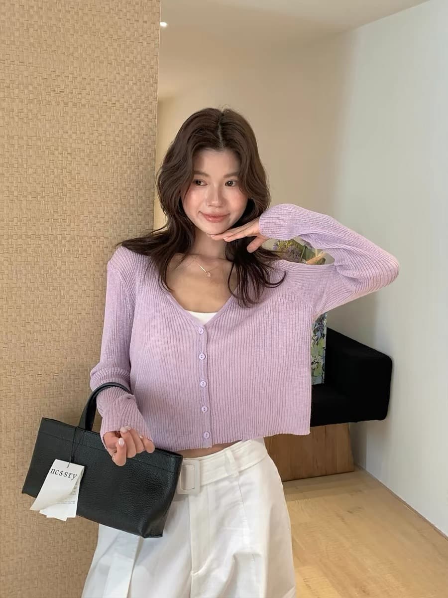 로즈 레드 V넥 자외선 차단 니트 오픈 가디건 여성 여름 슬립 외부 가져 가라. 쇼트 스타일 재킷 맨위 이미지 4