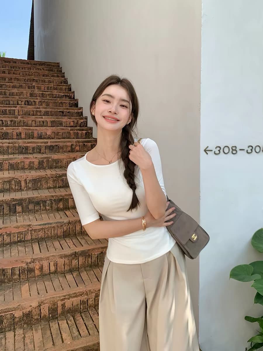 익스트림 제인 보트 칼라 5 점 소매 티셔츠 여성 기초 섹션 중간 소매 몸매 가꾸기 긍정적 인 어깨 의류 상세 이미지 2