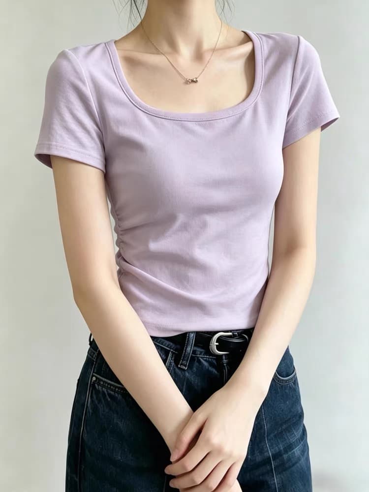 부드러운 바람 보라색 광장 칼라 긍정적 인 어깨 반팔 티셔츠 여성 여름 새로운 고유 한 아름다운 몸매 가꾸기 쇼트 스타일 꼬집기 허리 위로 의류 이미지 2