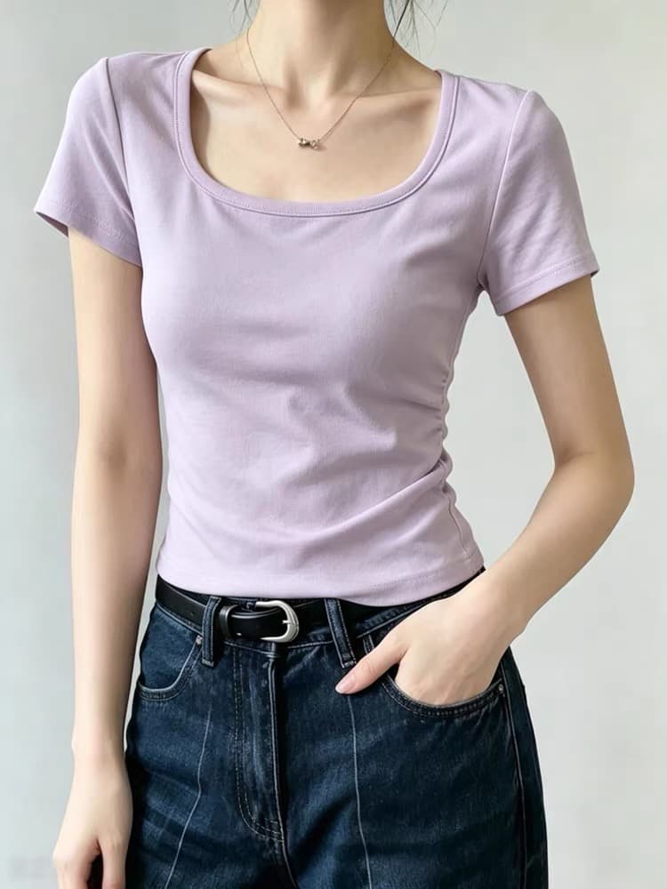 부드러운 바람 보라색 광장 칼라 긍정적 인 어깨 반팔 티셔츠 여성 여름 새로운 고유 한 아름다운 몸매 가꾸기 쇼트 스타일 꼬집기 허리 위로 의류 상세 이미지 1