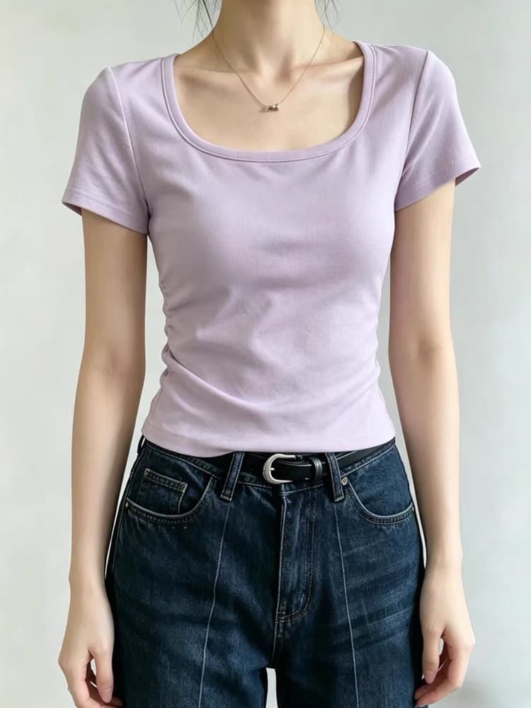 부드러운 바람 보라색 광장 칼라 긍정적 인 어깨 반팔 티셔츠 여성 여름 새로운 고유 한 아름다운 몸매 가꾸기 쇼트 스타일 꼬집기 허리 위로 의류 상세 이미지 2