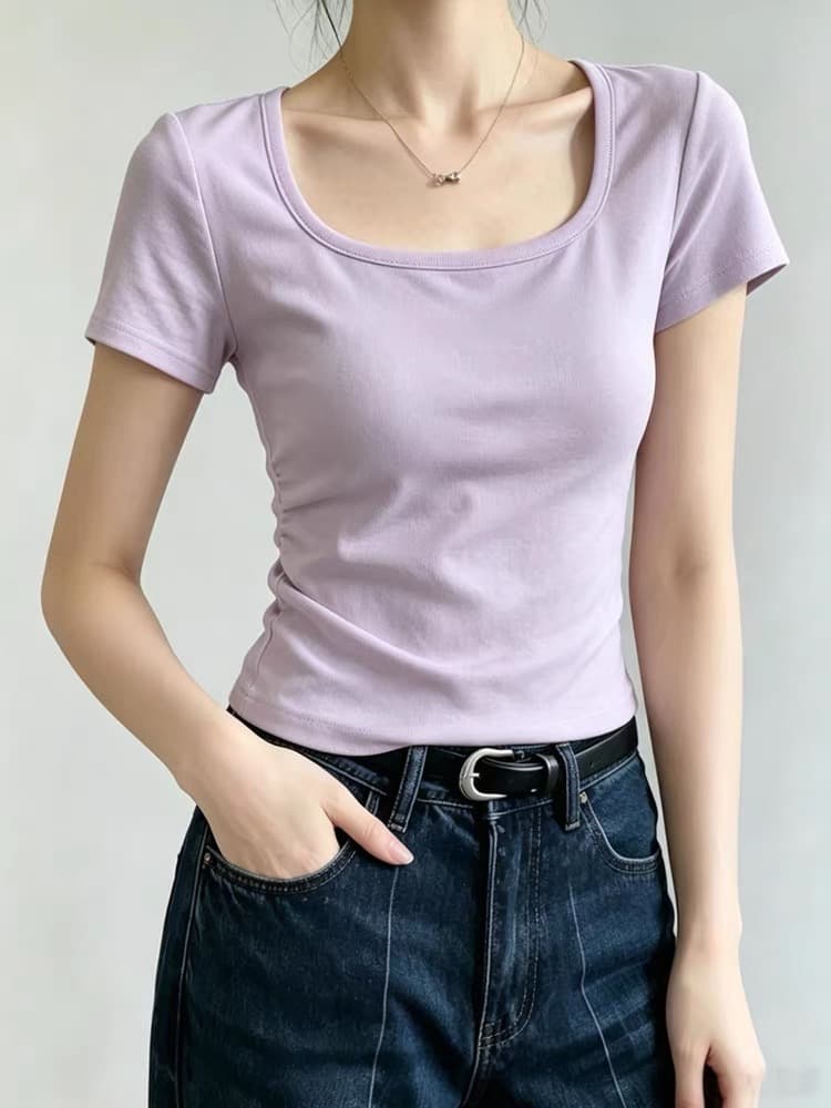 부드러운 바람 보라색 광장 칼라 긍정적 인 어깨 반팔 티셔츠 여성 여름 새로운 고유 한 아름다운 몸매 가꾸기 쇼트 스타일 꼬집기 허리 위로 의류 상세 이미지 4