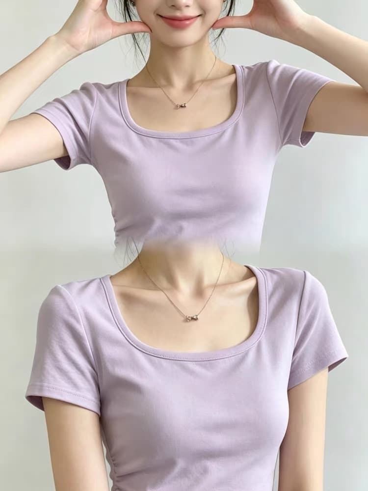 부드러운 바람 보라색 광장 칼라 긍정적 인 어깨 반팔 티셔츠 여성 여름 새로운 고유 한 아름다운 몸매 가꾸기 쇼트 스타일 꼬집기 허리 위로 의류 상세 이미지 5