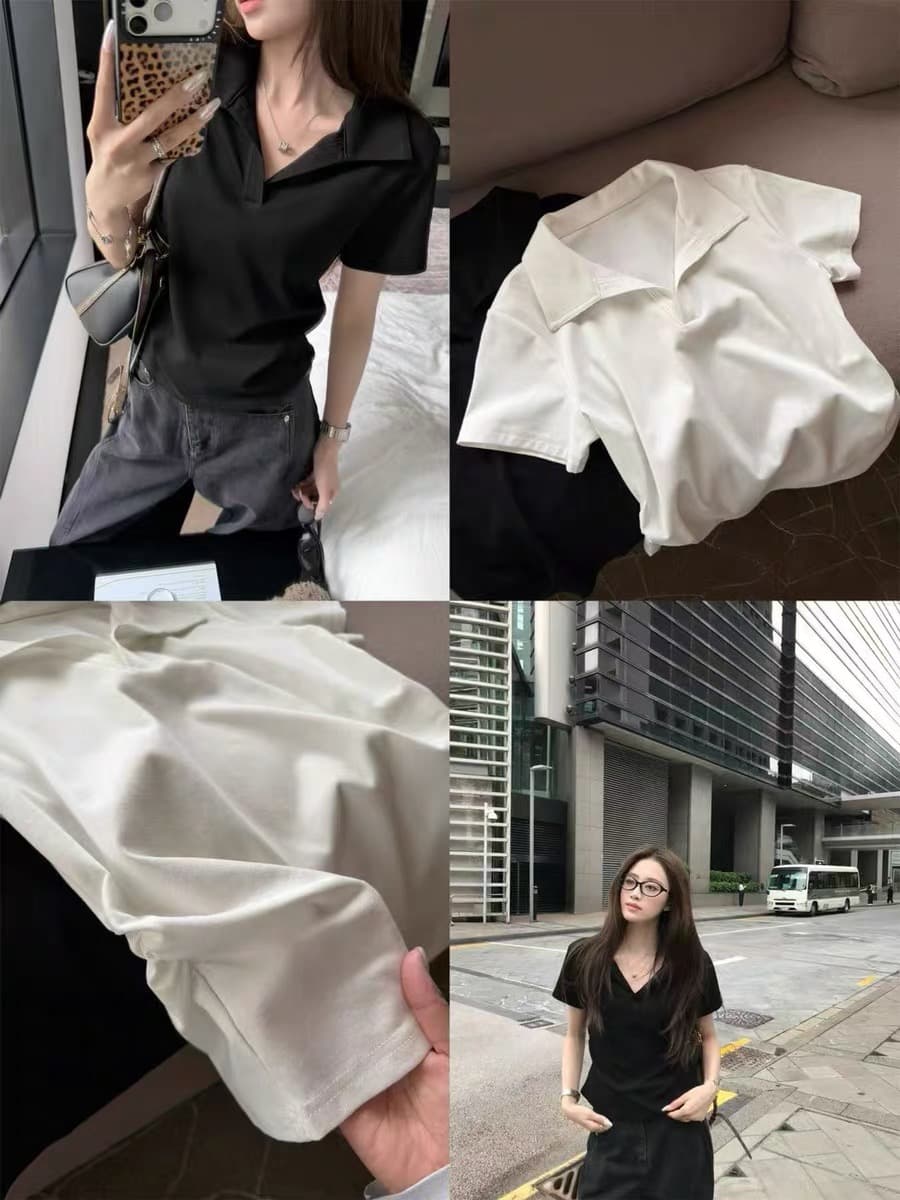 한 부서 오래된 돈 바람 착용 가져 가라. Chic 외국 가스 폴로 칼라 반팔 티셔츠 여성 여름 얇은 스타일 슬림해 보이는 긍정적 인 어깨 POLO 셔츠 맨위 상세 이미지 1