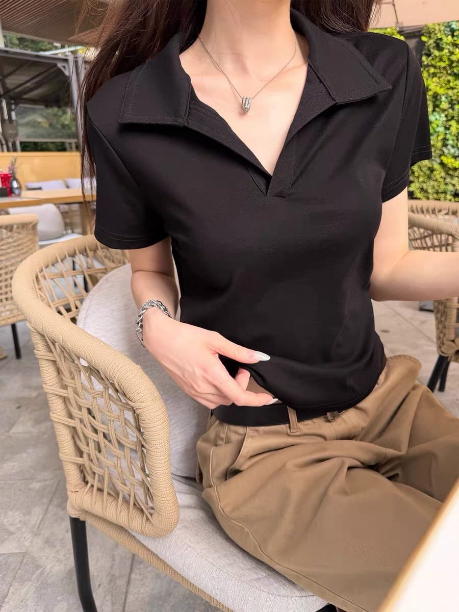한 부서 오래된 돈 바람 착용 가져 가라. Chic 외국 가스 폴로 칼라 반팔 티셔츠 여성 여름 얇은 스타일 슬림해 보이는 긍정적 인 어깨 POLO 셔츠 맨위 상세 이미지 2