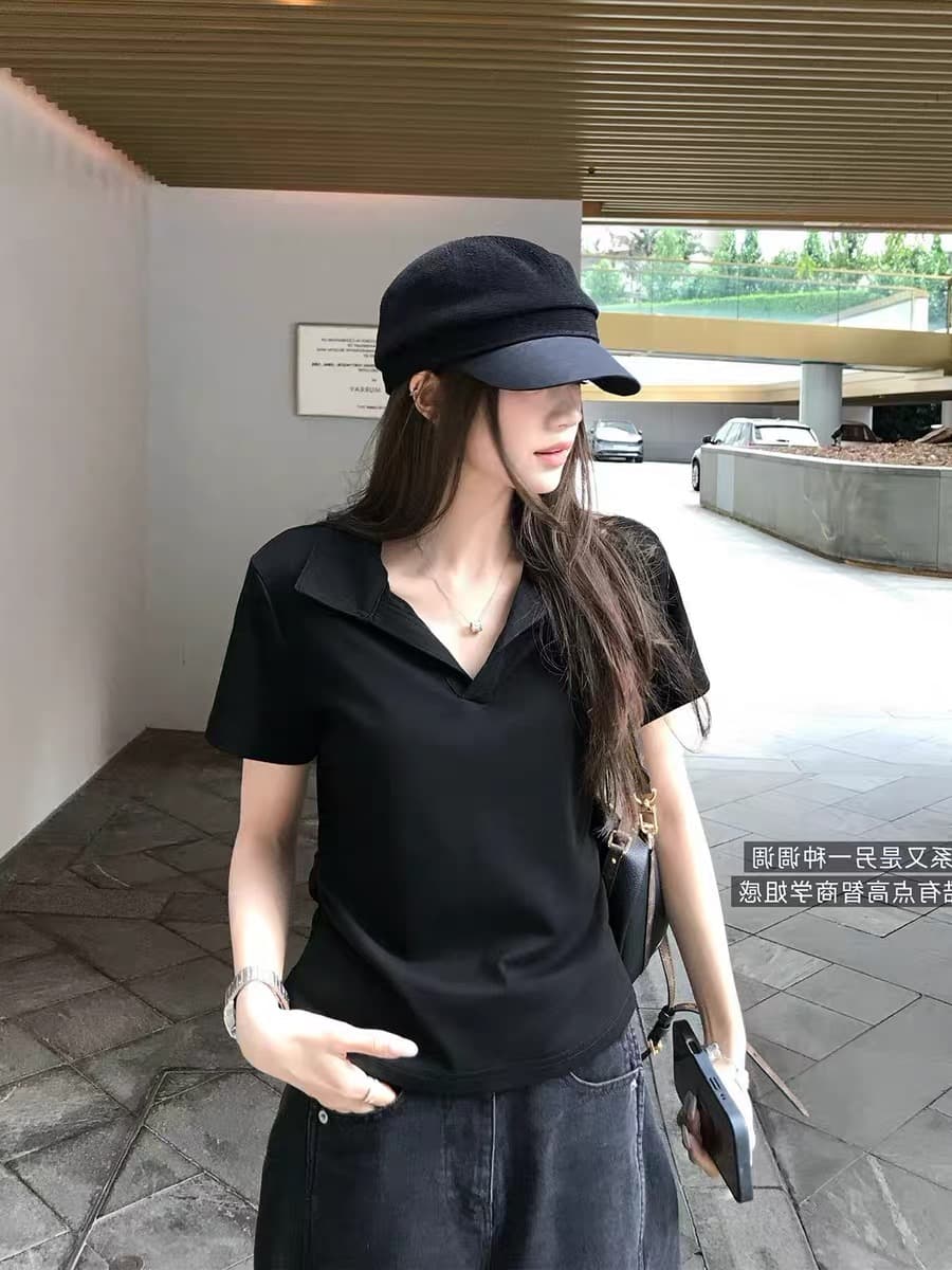 한 부서 오래된 돈 바람 착용 가져 가라. Chic 외국 가스 폴로 칼라 반팔 티셔츠 여성 여름 얇은 스타일 슬림해 보이는 긍정적 인 어깨 POLO 셔츠 맨위 상세 이미지 4
