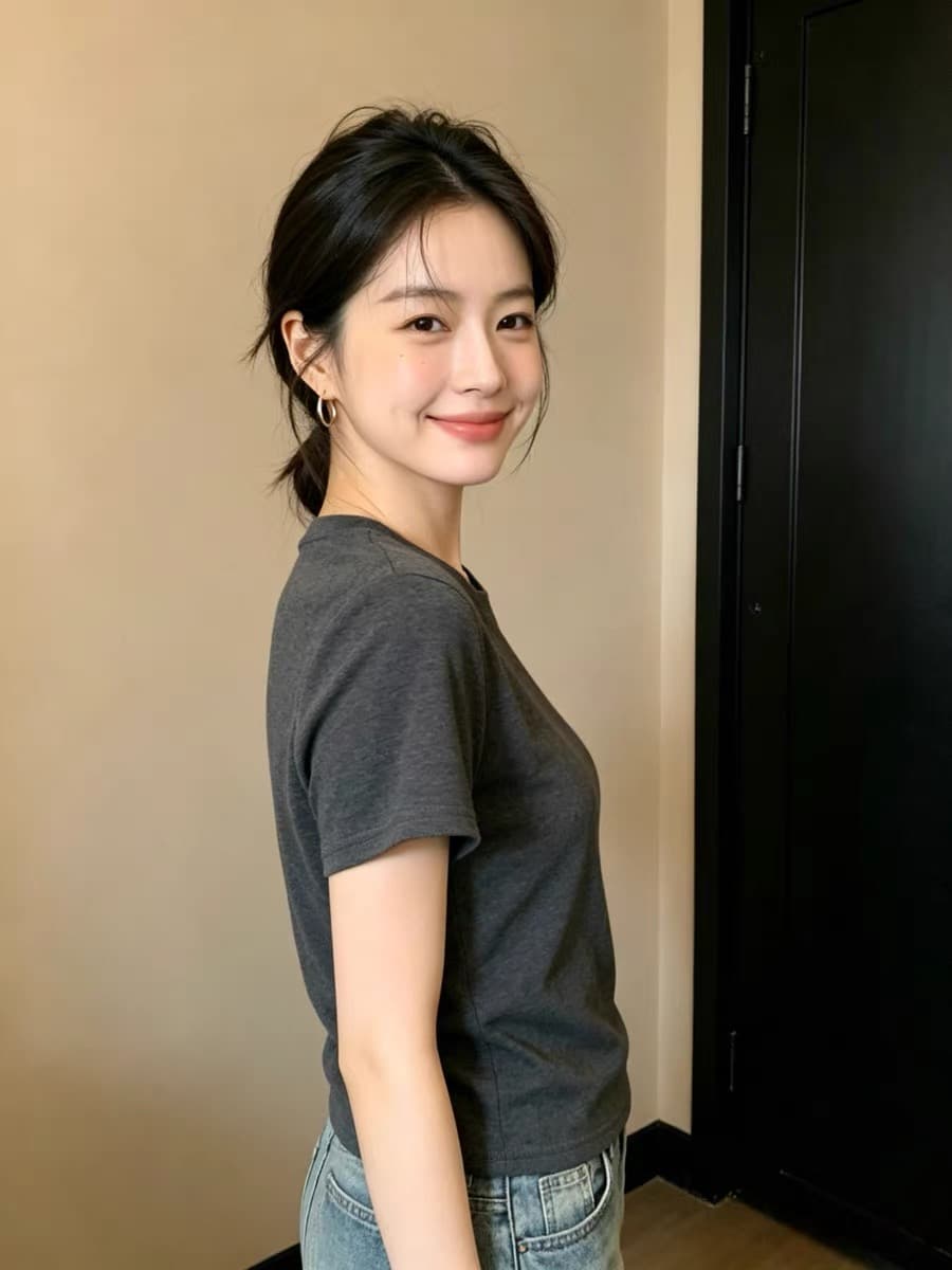 회색 라운드 넥 긍정적 인 어깨 반팔 티셔츠 여성 2026 여름 몸매 가꾸기 슬림해 보이는 미니멀리즘 쇼트 스타일 인사이드 가져 가라. 기본 셔츠 맨위 이미지 3