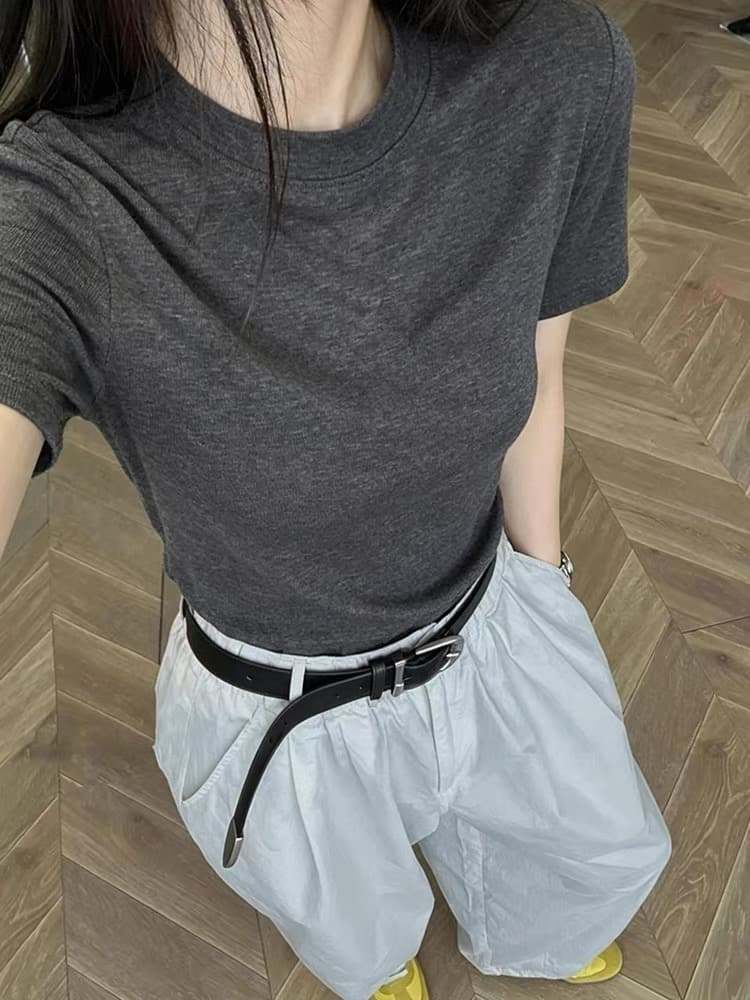 고급 센스 회색 라운드 넥 긍정적 인 어깨 반팔 티셔츠 여성 여름 오래된 돈 바람 기초 섹션 고급 사소한 만나는 맨위 이미지 3