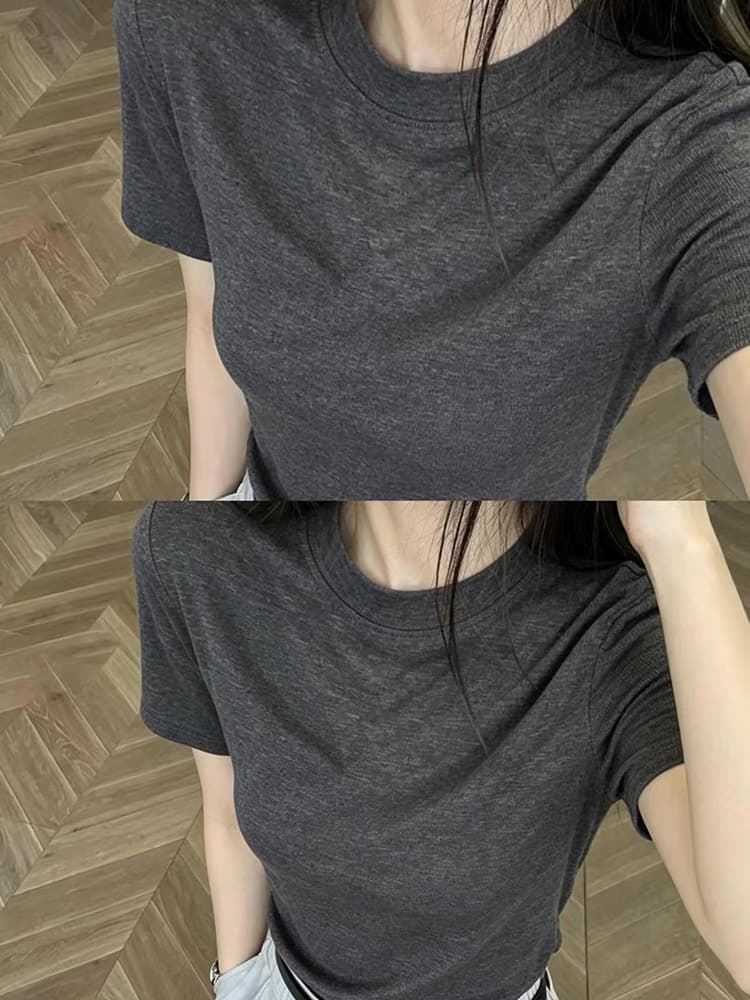 고급 센스 회색 라운드 넥 긍정적 인 어깨 반팔 티셔츠 여성 여름 오래된 돈 바람 기초 섹션 고급 사소한 만나는 맨위 상세 이미지 1