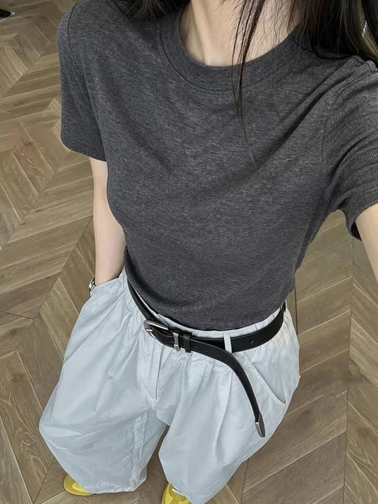 고급 센스 회색 라운드 넥 긍정적 인 어깨 반팔 티셔츠 여성 여름 오래된 돈 바람 기초 섹션 고급 사소한 만나는 맨위 상세 이미지 2