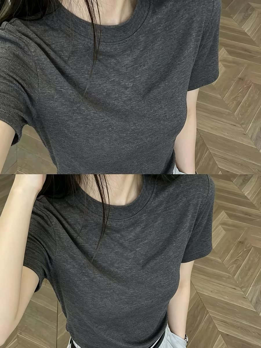 고급 센스 회색 라운드 넥 긍정적 인 어깨 반팔 티셔츠 여성 여름 오래된 돈 바람 기초 섹션 고급 사소한 만나는 맨위 상세 이미지 4