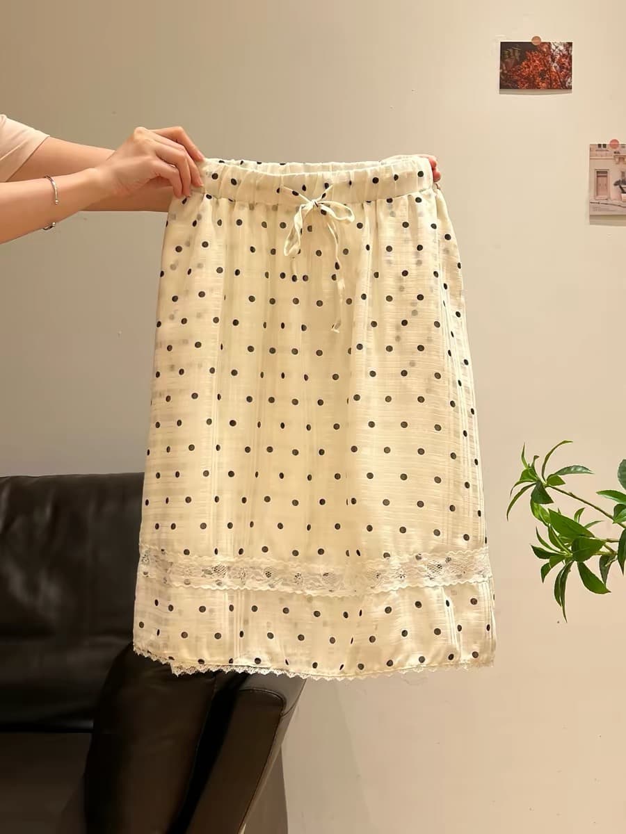 살구 색상 도트 무늬 레이스 레이스 패치워크 허리밴드 반신 스커트 여성 2026 여름 하이웨이스트 슬림해 보이는 한 마디 스트레이트 치마 상세 이미지 7