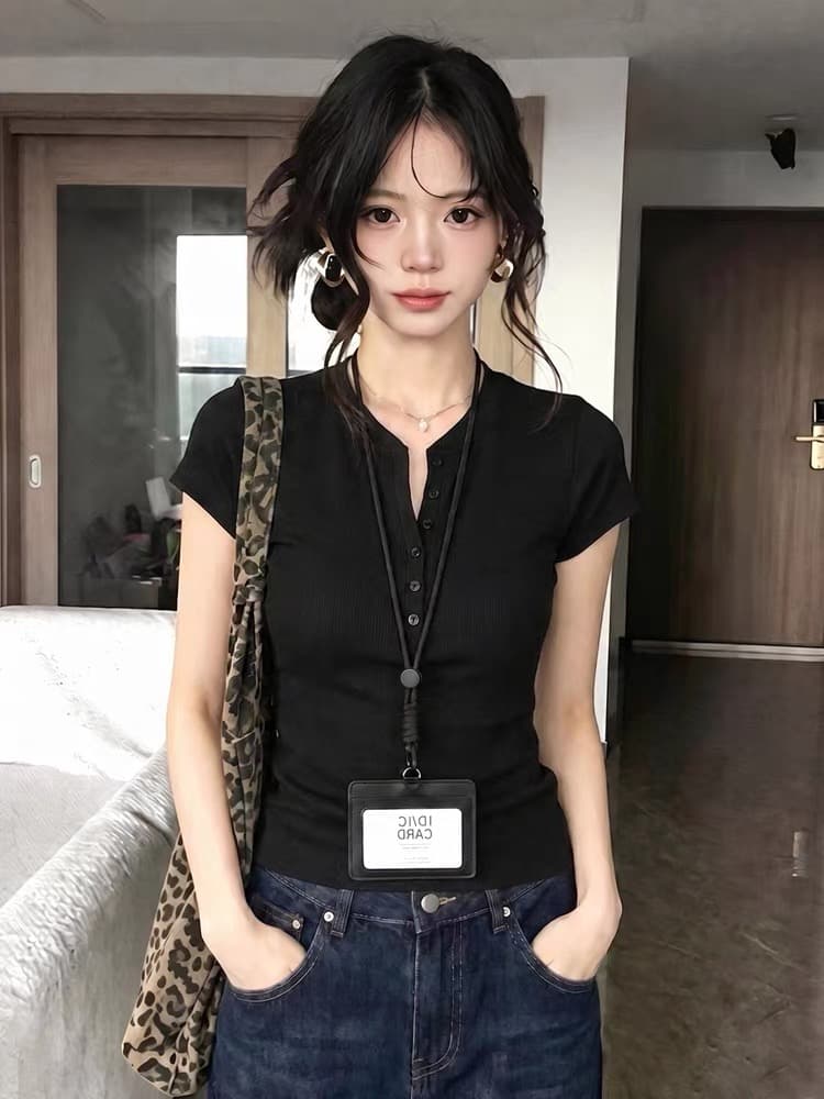 오래된 돈 바람 해군 헨리 칼라 긍정적 인 어깨 반팔 티셔츠 여성 여름 고급 센스 몸매 가꾸기 디스플레이 얇고 작은 날다 소매 맨위 이미지 3
