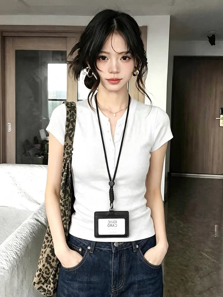 오래된 돈 바람 해군 헨리 칼라 긍정적 인 어깨 반팔 티셔츠 여성 여름 고급 센스 몸매 가꾸기 디스플레이 얇고 작은 날다 소매 맨위 상세 이미지 1