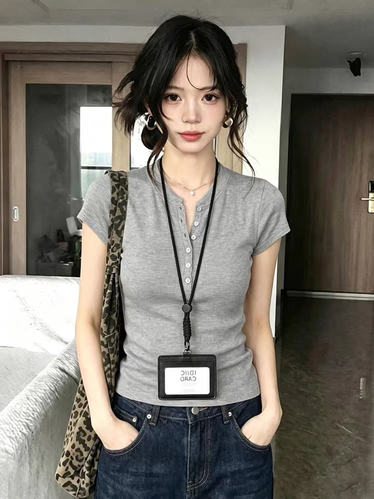 오래된 돈 바람 해군 헨리 칼라 긍정적 인 어깨 반팔 티셔츠 여성 여름 고급 센스 몸매 가꾸기 디스플레이 얇고 작은 날다 소매 맨위 상세 이미지 3