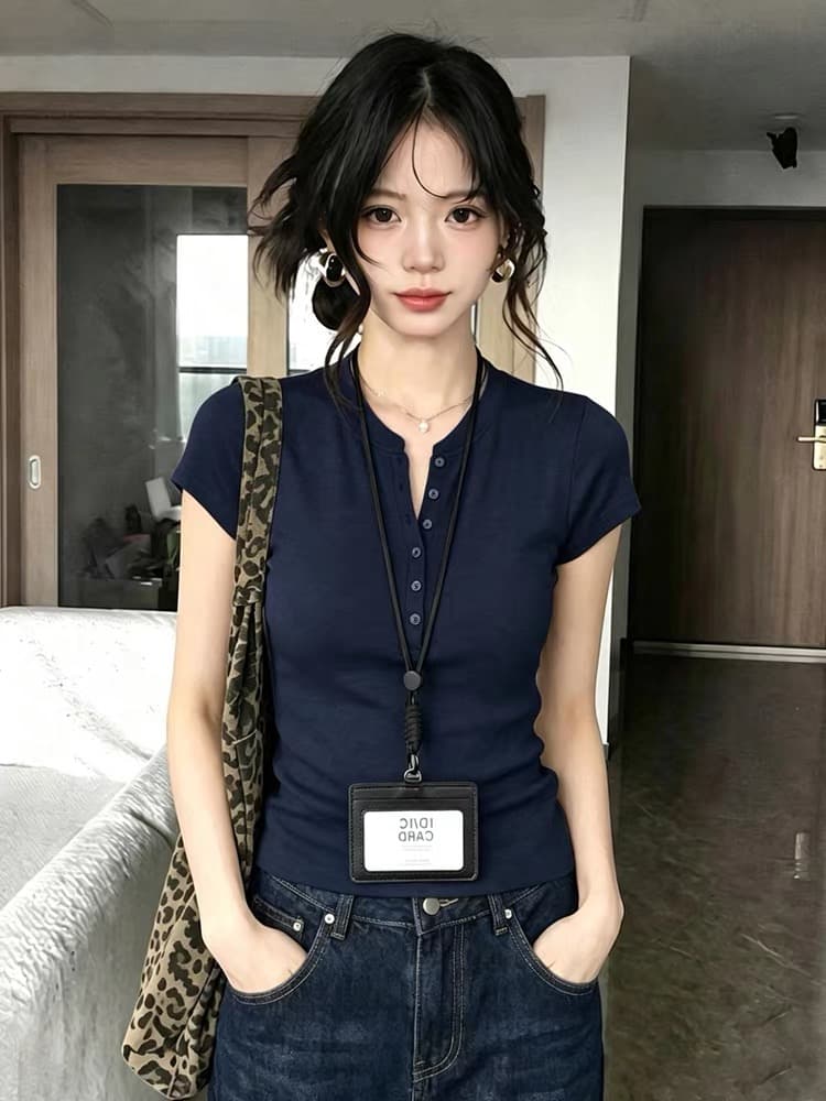 오래된 돈 바람 해군 헨리 칼라 긍정적 인 어깨 반팔 티셔츠 여성 여름 고급 센스 몸매 가꾸기 디스플레이 얇고 작은 날다 소매 맨위 상세 이미지 4