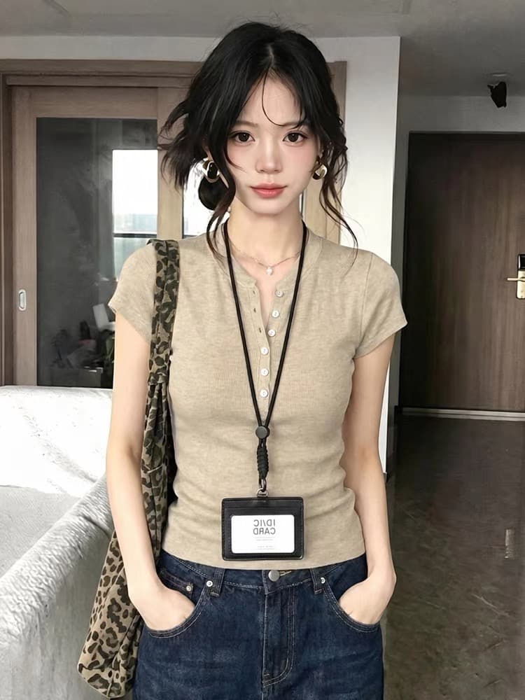 오래된 돈 바람 해군 헨리 칼라 긍정적 인 어깨 반팔 티셔츠 여성 여름 고급 센스 몸매 가꾸기 디스플레이 얇고 작은 날다 소매 맨위 상세 이미지 5