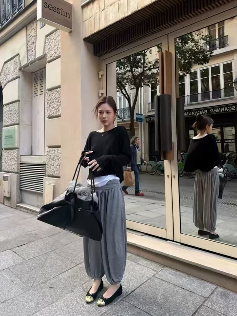 얇은 스타일 루즈핏 도루 센스 9부 바지 배기 바지 하이웨이스트 루즈핏 캐주얼 웨이 바지 상세 이미지 1