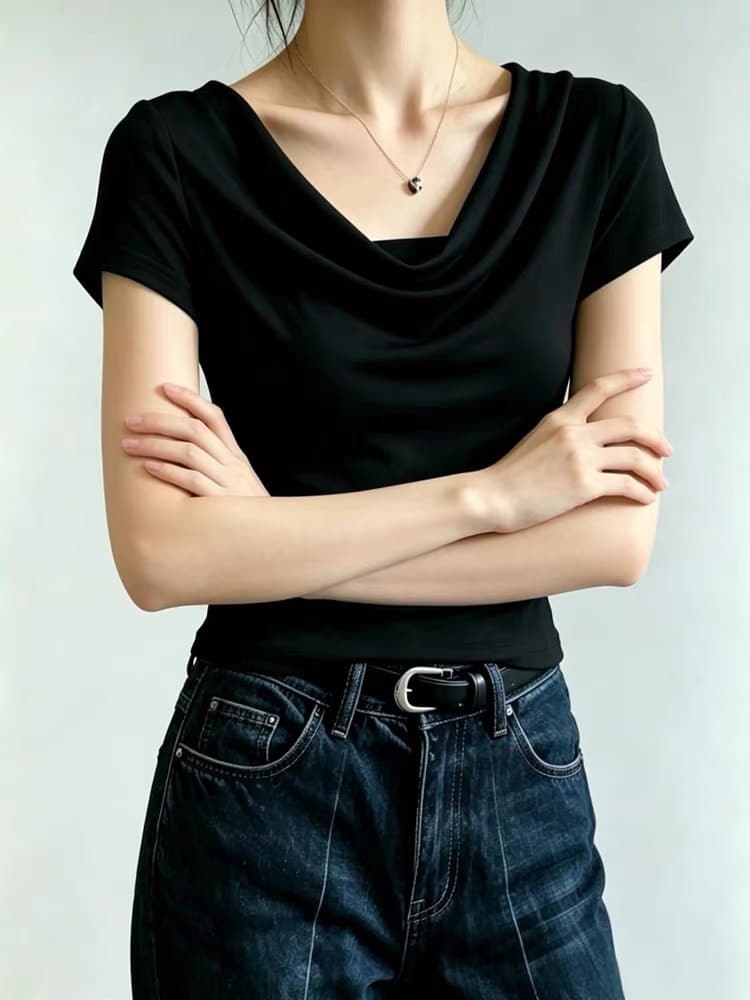 검정색 흔들다 칼라 긍정적 인 어깨 반팔 티셔츠 여성 여름 새로운 고급 센스 고유 한 허리 수축 몸매 가꾸기 맨위 상세 이미지 6