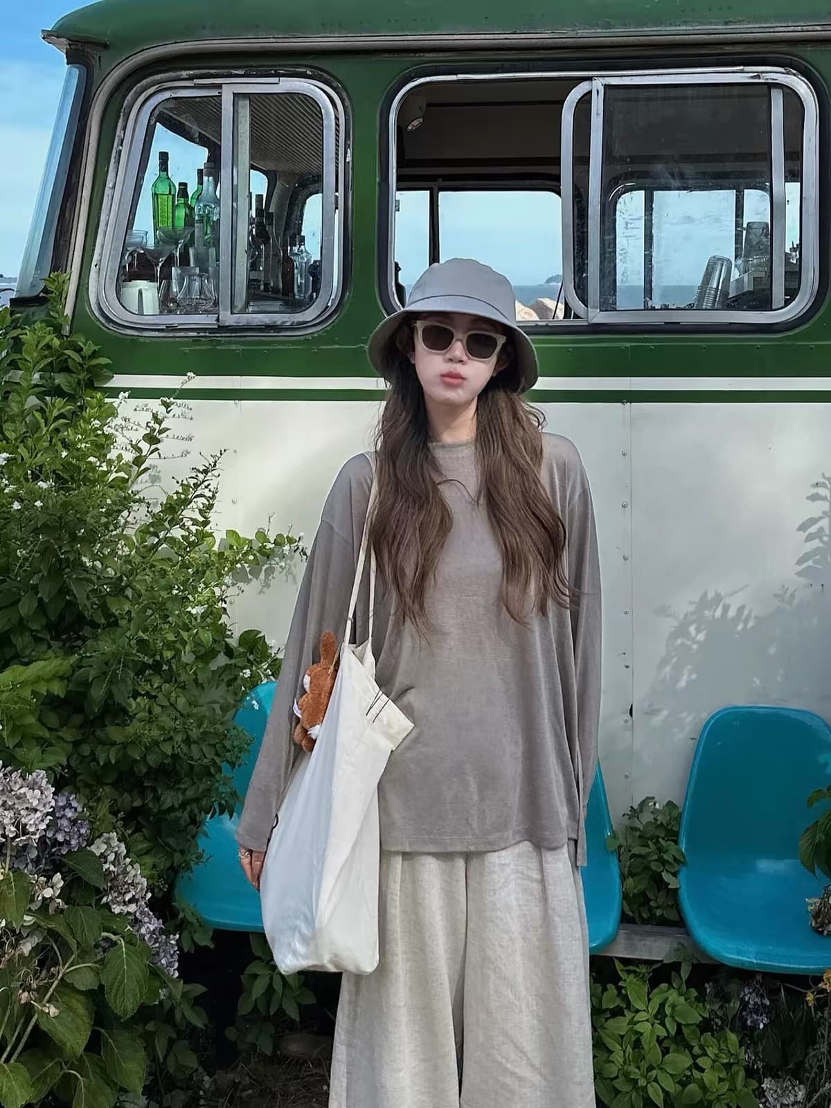 한 부서 느슨함 느긋한 바람 회색 긴팔 티셔츠 여성 여름 루즈핏 에어컨 블라우스 슬림해 보이는 다용도 자외선 차단 맨위