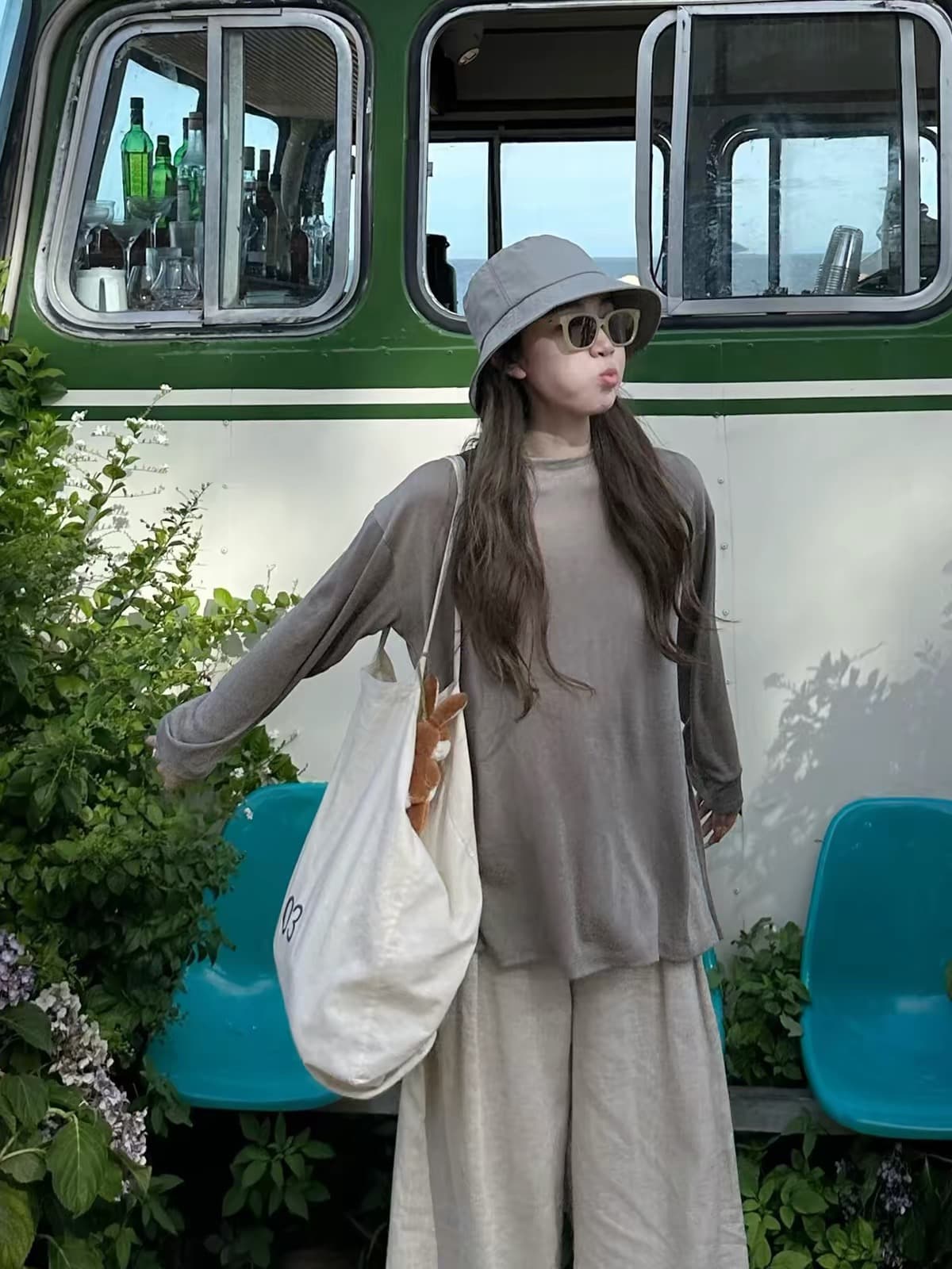 한 부서 느슨함 느긋한 바람 회색 긴팔 티셔츠 여성 여름 루즈핏 에어컨 블라우스 슬림해 보이는 다용도 자외선 차단 맨위 상세 이미지 3