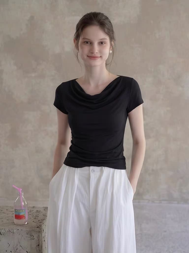 검정색 흔들다 칼라 반팔 티셔츠 여성 여름 몸매 가꾸기 허리 수축 디자인 센스 작은 대중 고유 한 아름다운 짧은 맨위 상세 이미지 2
