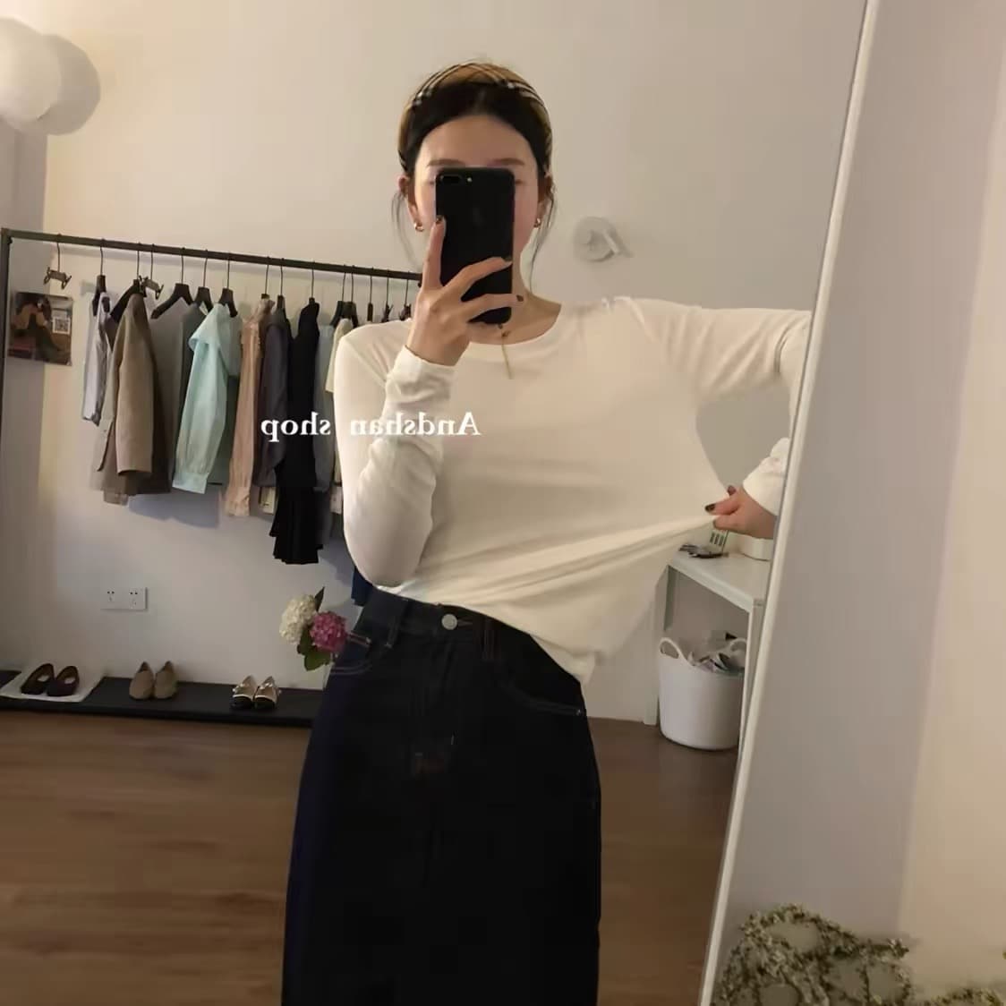 화이트 모달 가면 티셔츠 여성 긴 소매 여름 얇은 스타일 자외선 차단 블라우스 라운드 넥 긍정적 인 어깨 이른 가을 인사이드 가져 가라. 기본 셔츠 상세 이미지 2