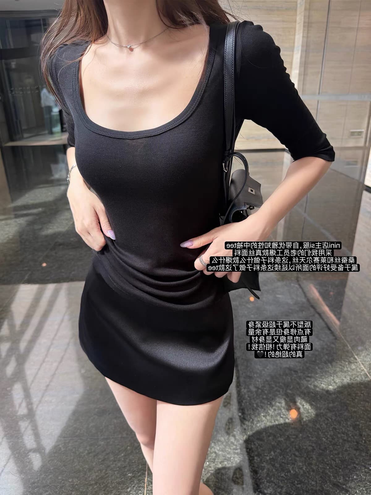 한 부서 핫걸 u 칼라 중간 소매 긍정적 인 어깨 티셔츠 여성 여름 몸매 가꾸기 슬림해 보이는 인사이드 가져 가라. 기본 셔츠 순수한 욕망 대 네클라인 맨위 상세 이미지 3