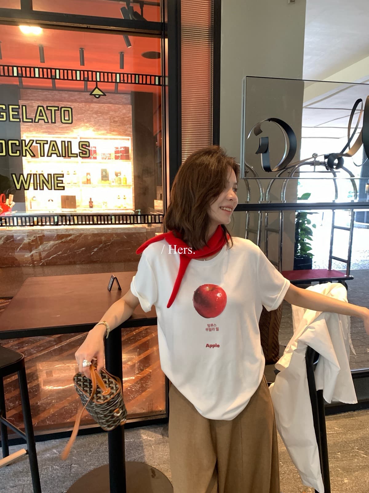 이른 가을 켜기 새로운 한 부서 작은 디자인 센스 애플 패턴 반팔 티셔츠 상세 이미지 4