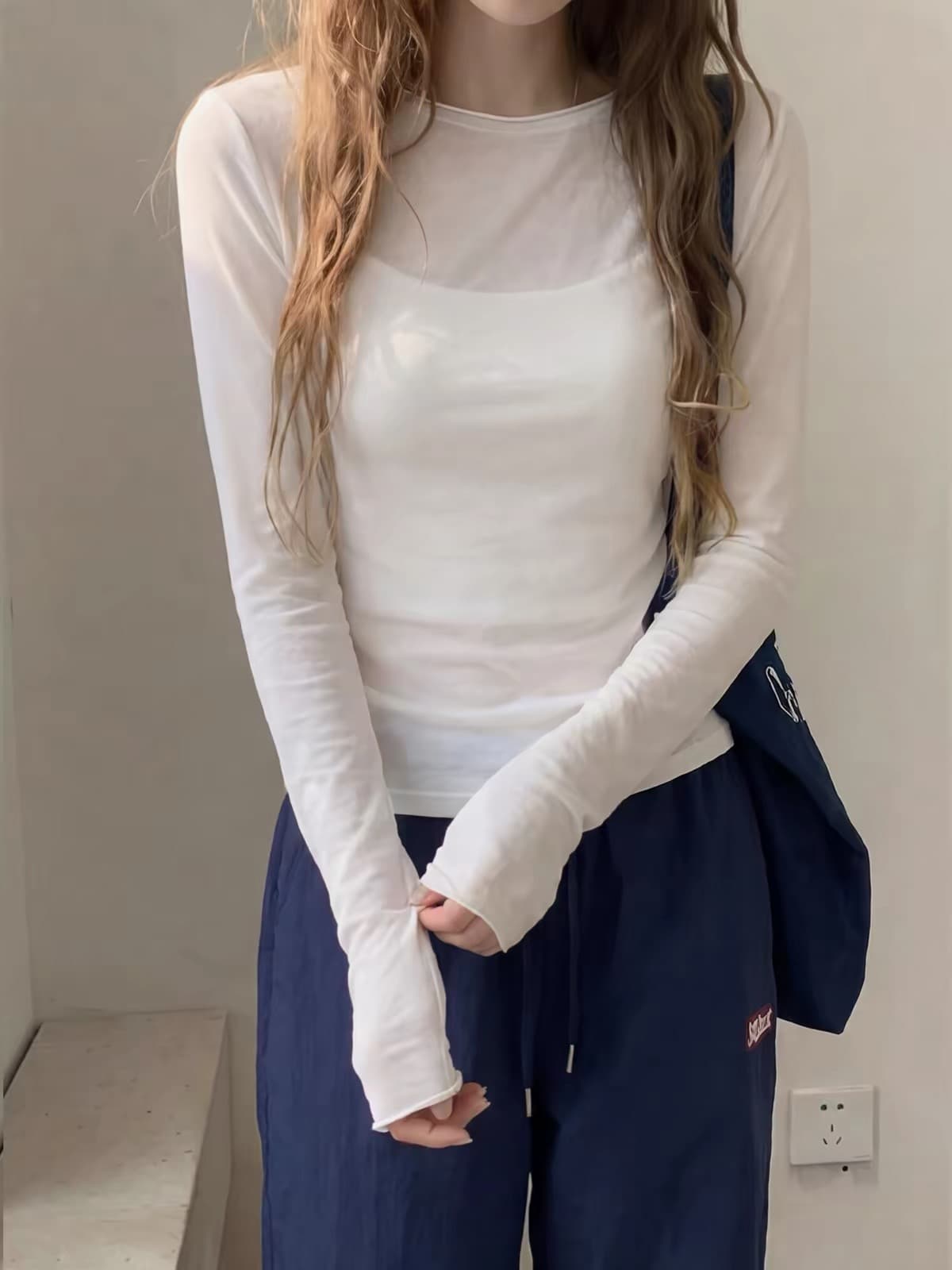 핫걸 화이트 마이크로 ~을 통해 자외선 차단 블라우스 여성 여름 종이 사람들 착용 가져 가라. 긍정적 인 어깨 몸매 가꾸기 Tulle 긴팔 티셔츠 맨위 이미지 4