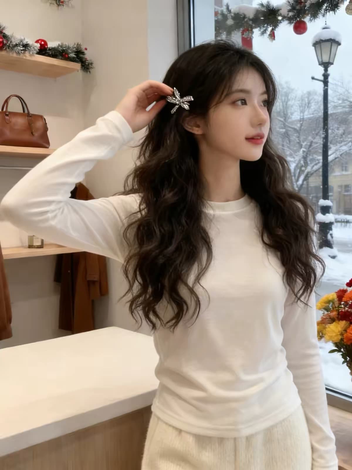 화이트 주간 실크 양모 긴팔 티셔츠 여성 2026 봄 가을 새로운 몸매 가꾸기 슬림해 보이는 기본 셔츠 캐주얼 맨위 이미지 3