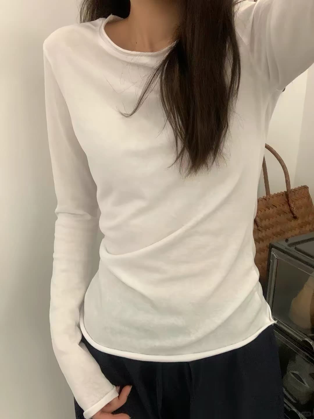 여름 자외선 차단 블라우스 chic 화이트 기본 셔츠 여성 봄 가을 얇은 스타일 볼륨 측면 느슨함 센스 긴팔 티셔츠 맨위