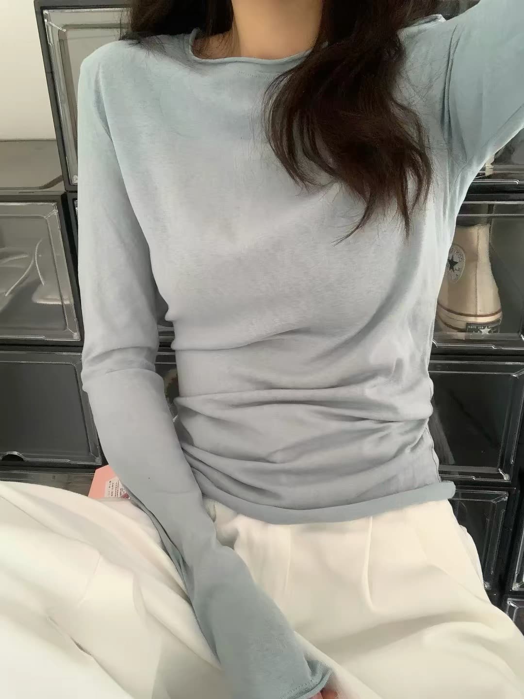 여름 자외선 차단 블라우스 chic 화이트 기본 셔츠 여성 봄 가을 얇은 스타일 볼륨 측면 느슨함 센스 긴팔 티셔츠 맨위 이미지 4