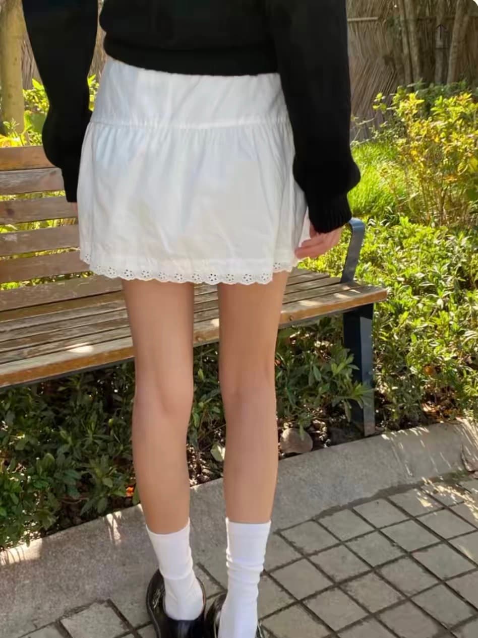 달콤한 스타일 레이스 레이스 화이트 한 마디 반신 스커트 여성 하이웨이스트 펌프 로프 레이스업 미니 스커트 상세 이미지 1