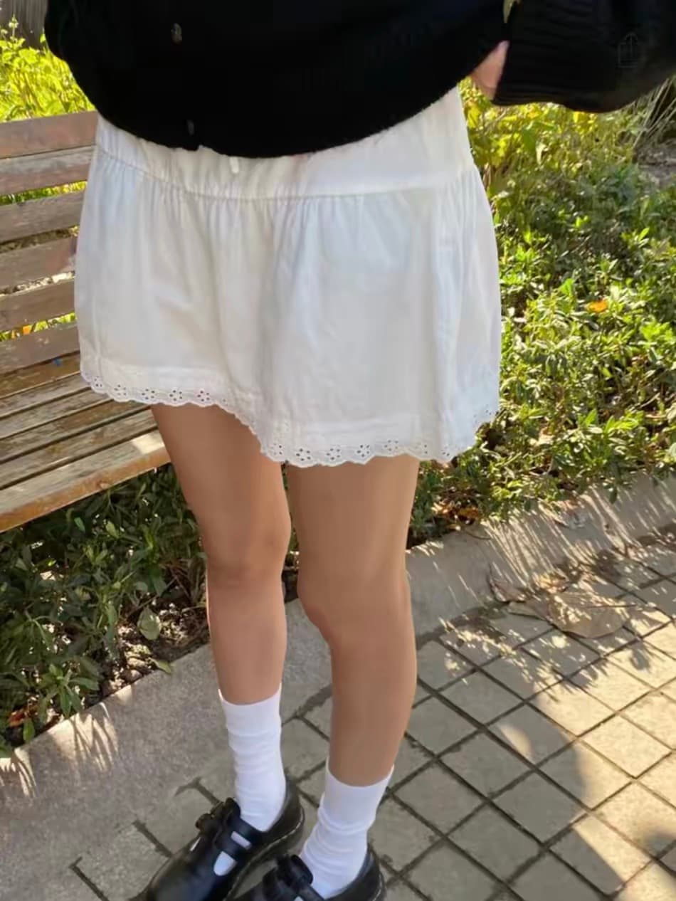 달콤한 스타일 레이스 레이스 화이트 한 마디 반신 스커트 여성 하이웨이스트 펌프 로프 레이스업 미니 스커트 상세 이미지 2