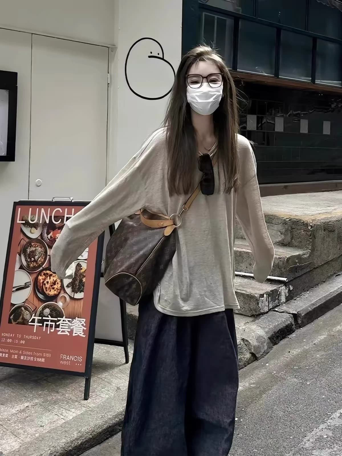 한 부서 느긋한 루즈핏 라운드 넥 긴팔 티셔츠 여성 여름 슬립 외부 가져 가라. 오래된 돈 바람 자외선 차단 블라우스 느슨함 센스 맨위