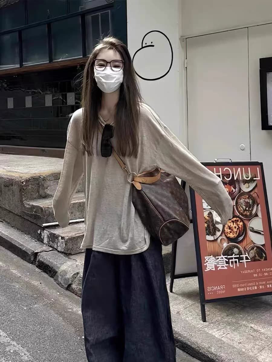 한 부서 느긋한 루즈핏 라운드 넥 긴팔 티셔츠 여성 여름 슬립 외부 가져 가라. 오래된 돈 바람 자외선 차단 블라우스 느슨함 센스 맨위 상세 이미지 1