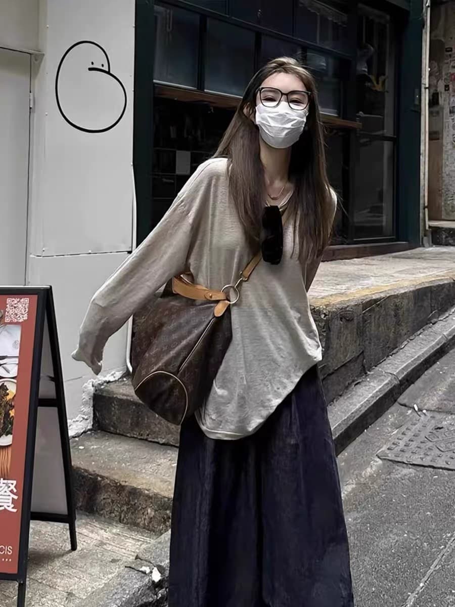 한 부서 느긋한 루즈핏 라운드 넥 긴팔 티셔츠 여성 여름 슬립 외부 가져 가라. 오래된 돈 바람 자외선 차단 블라우스 느슨함 센스 맨위 상세 이미지 3