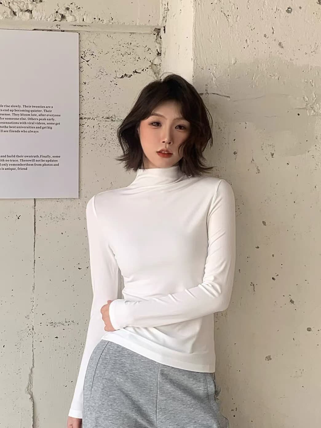 모달 중 칼라 기본 셔츠 여성 봄 가을 화이트 몸매 가꾸기 슬림해 보이는 다용도 인사이드 가져 가라. 긴팔 티셔츠 기초 섹션 맨위 상세 이미지 7