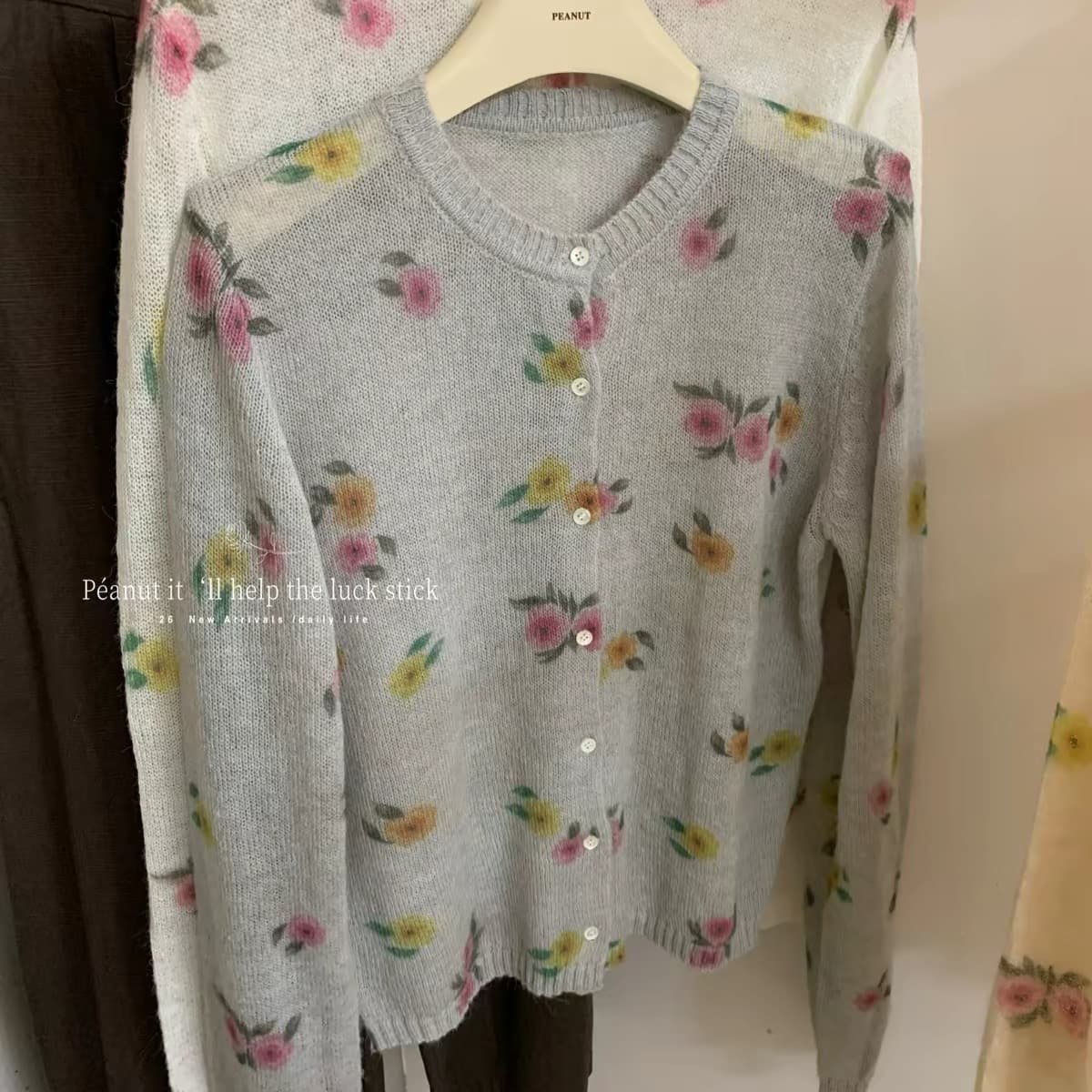 오픈 가디건 전원 바람 인쇄 꽃 니트 오픈 가디건 포함 12 양모 상세 이미지 7