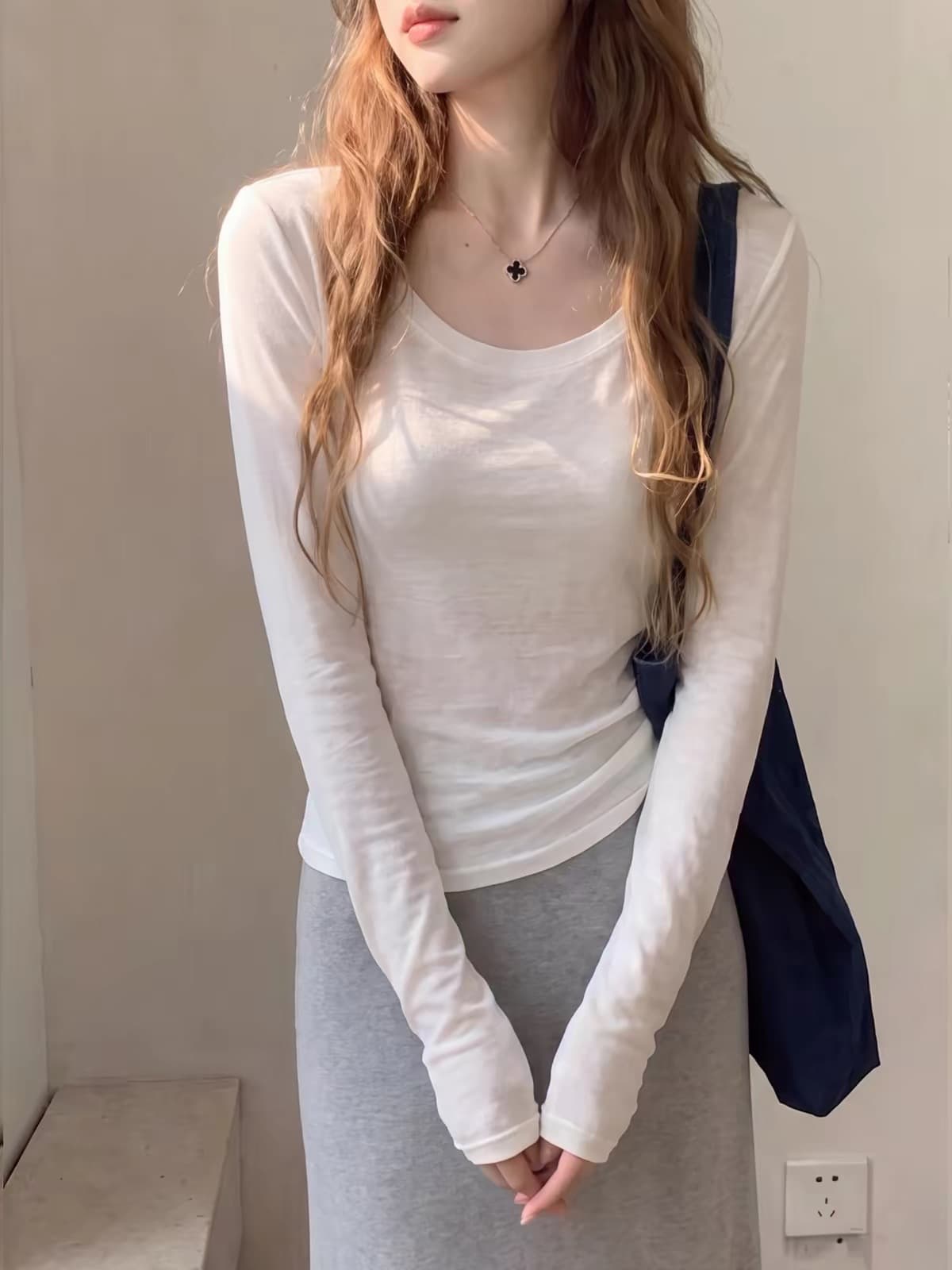 한 부서 화이트 u 칼라 자외선 차단 에어컨 블라우스 여성 여름 느슨함 센스 몸매 가꾸기 얇은 스타일 긴팔 티셔츠 대 네클라인 맨위 이미지 3